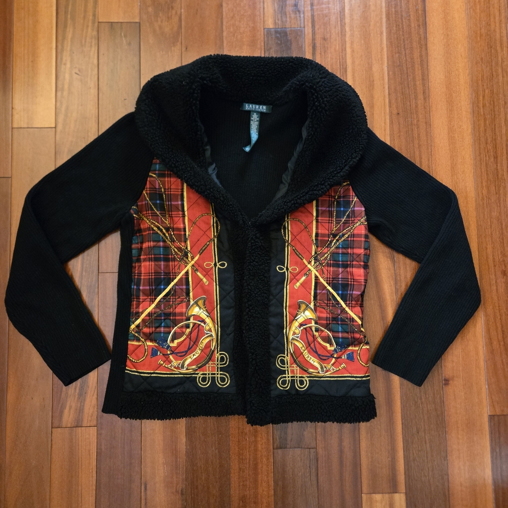 Lauren Ralph Lauren Black Teddy Jacket French Horns Red Plaid Gold Print Panels